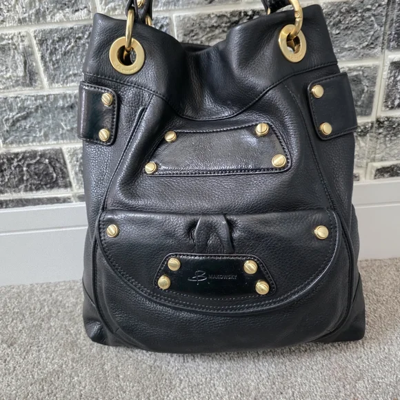 b. makowsky Women's  Black Leather Handbag with Gold Accents - Picture 7 of 13
